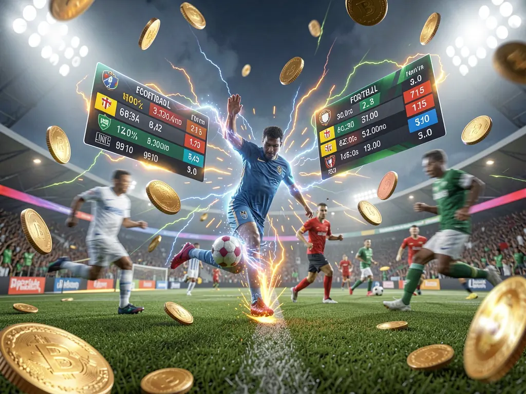 HV 77 live football betting scene showing a brightly lit soccer stadium with blurred players in action, floating odds panels, coins, and dynamic energy effects creating a premium cinematic atmosphere