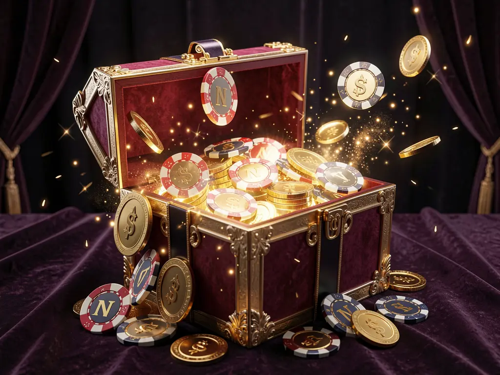 Glowing gift box filled with free casino chips and golden coins representing HV 77 no deposit casino bonus on a luxury dark background with magical sparkle effects