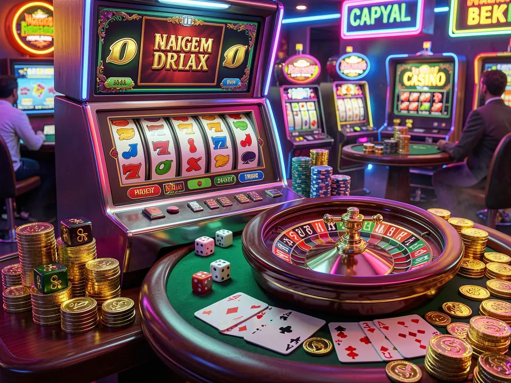 HV 77 casino entertainment scene featuring a slot machine, roulette wheel, dice, cards, and golden coins under colorful neon lights creating an exciting premium atmosphere