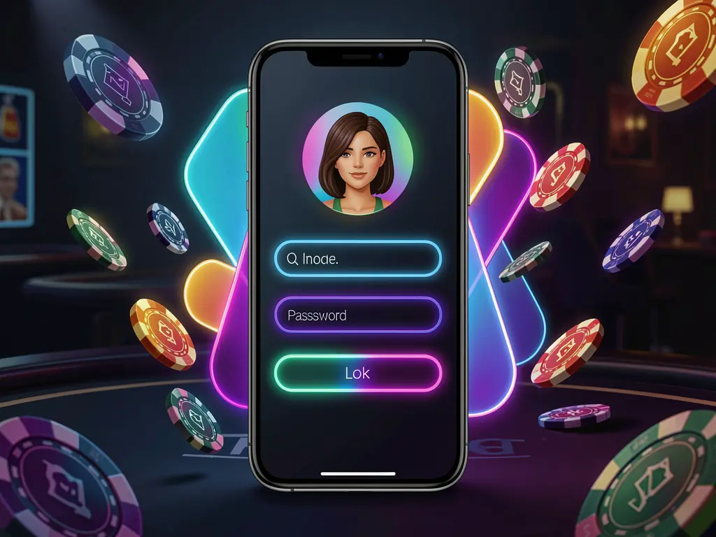 HV 77 mobile casino login screen showing a phone with abstract UI shapes for user profile and password fields, neon glow effects, chips and coins flying around in a dark premium casino atmosphere